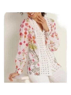 Soft Surroundings Women’s Koji Ecru Floral Embroidered Button Down Shirt Small